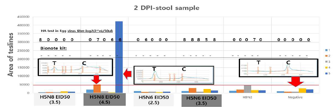 분변 검체에 대한 본 연구진의 H5 특이 신속형광면역키트 (감염 후 2일 후)