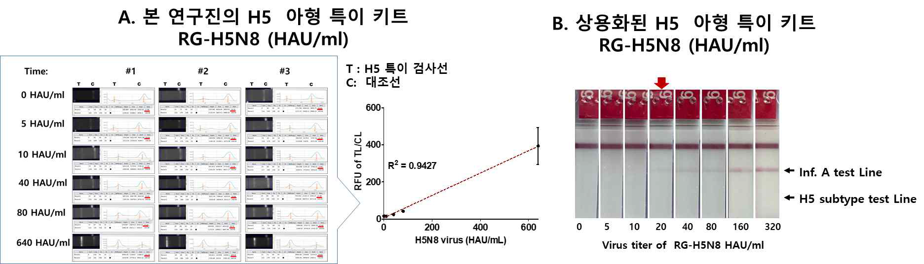 H5N8에 대한 #23.2 와 #23.3 의 형광 키트의 검출 한계