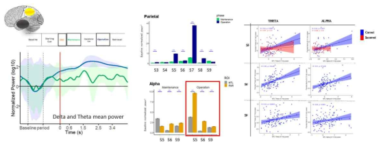 그림 작업기억 과제의 maintenance구간의 HP delta 및 theta 활동성 증가 (좌), 작업기억 과제의 operation 구간의 두정엽 (PL) alpha 활동성 증가 (중), HP과 PL의 theta 및 alpha activity의 양의 상관관계 (우)