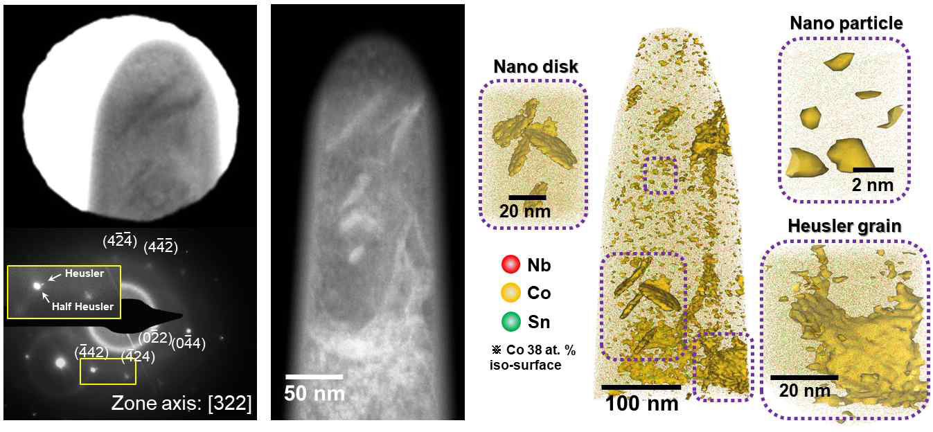 620 ℃에서 열처리된 NbCo1.1Sn 시편의 TEM과 Atom probe tomography (APT) 를 결합한 분석결과