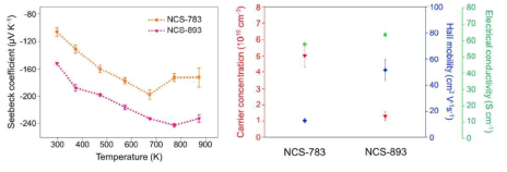 열처리 이후의 NbCo1.1Sn 합금의 온도에 따른 제벡계수와 홀 측정 결과