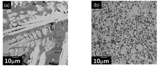 (a) Vacuum arc melting 공법에 의해 제작된 시편의 BSE image, (b) Mechanical alloying 공법에 의해 제작된 비정질 소결체 BSE image