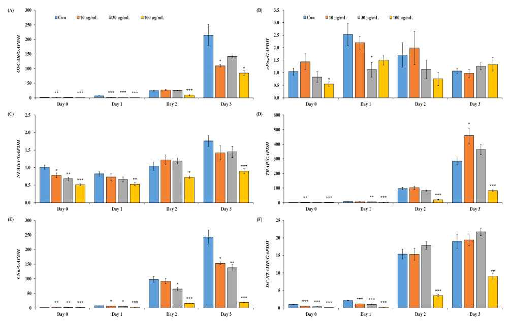 Effect of DFTP on mRNA expressions of osteoclastic-specific genes in RANKL-stimulated bone marrow derived-macrophages. Data are presented as ± S.E. Control vs *P<0.05, **P<0.01, ***P<0.001