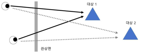 고정된 대상 사이에서 시선을 옮길 때는, 가려진 대상을 볼 수는 없기에 필연적으로 관상면 상에서의 움직임이 발생한다