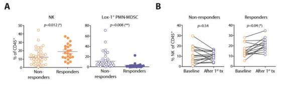 면역항암치료에 따른 NK 세포 및 Lox-1+MDSC 반응군 비교