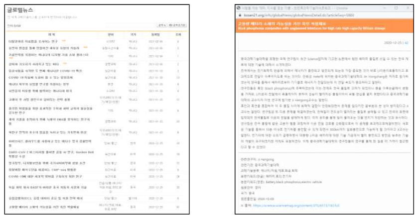 글로벌뉴스 서비스 화면(좌) 및 상세 화면(우)