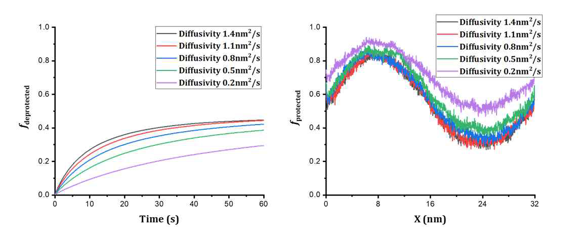 산 확산계수 조절에 따른 (왼쪽) PEB 공정동안 고분자의 친수성기 비율 변화 (오른쪽) PEB 공정이 끝난 후 x축에 대한 소수성기 비율