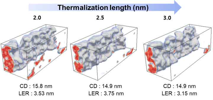 Thermalization legnth를 변화시켰을 때 현상공정 후 패턴의 2D CD와 LER