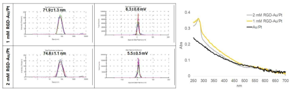 세포 부착용 RGD 펩타이드 리간드 농도에 따른 Au@Pt 표면개질 결과 (DLS, zeta potential, UV/Vis spectrum)