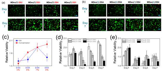 (a) MDex의 DS 혹은 (b) MDex의 농도를 조절한 다양한 MDex 하이드로젤에 세포를 주입한 후, 세포 생존률 측정 (green: live, red: dead). (c, d, e) 시간에 따른 생존률 및 증식률 변화 측정