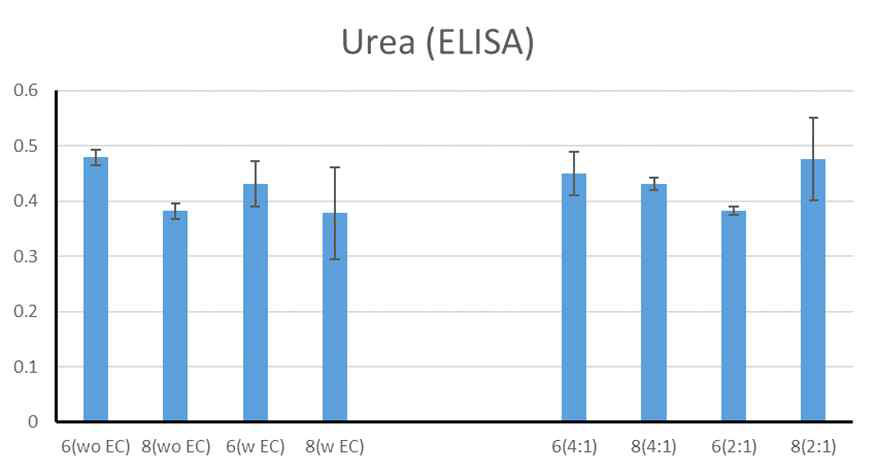 간조직 모사체에 iEC를 공배양하였을 때 Urea 생산량의 차이 분석. iHep:iEC를 4:1, 2:1로 조절함