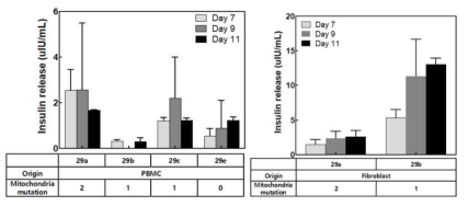 유도만능줄기세포의 미토콘드리아 변이를 확인 후 정상기능을 하는 경우와 변이를 갖는 세포를 분화하였을 때 인슐린 분비량을 비교하였음. (좌: Donor 1 (2형 당뇨), 우: Donor 2 (정상))