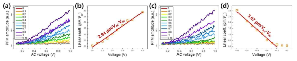 HZO 박막에서의 sample bias 인가에 따른 (a,c) effective d33 측정 결과 및 (b,d) linear coefficient 추출 결과: (a,b) positive sample bias 인가, (c,d) negative sample bias 인가