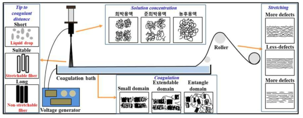 전기-습식 방사 모식도 및 다양한 조건에 따른 구조 변화