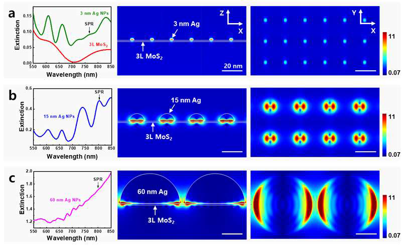 (a) 3nm, (b) 15nm, (c) 60 nm 크기별 Ag 나노입자의 플라즈몬 효과 기반 FDTD 시뮬레이션