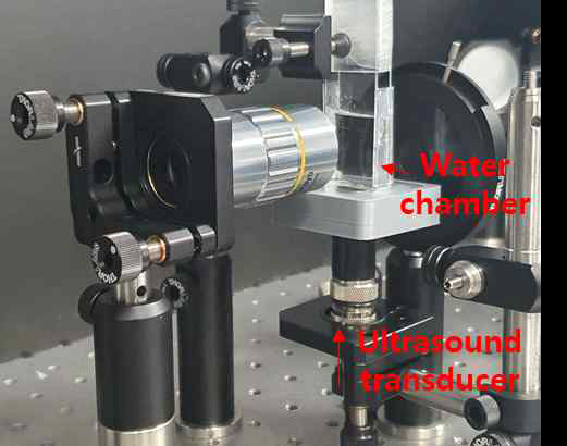 집속 초음파 생성부와 변조 광 생성부가 실제 구현된 결과