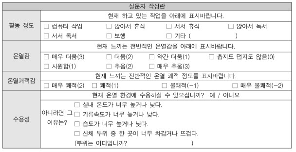 실험에서 사용된 설문조사 항목