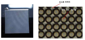 메타 구조 샘플 제작 결과 왼쪽 그림: 메타 구조를 디자인하여 실리콘 기판 위에 패터닝한 결과