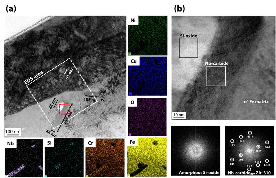 (a) H-SSA 샘플 내 입자들 및 Energy dispersive X-ray spectroscopy 결과, (b) 각 입자의 Fast Fourier transformation 결과