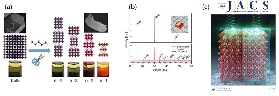 (a) 3D vs. 2D perovskites (BA)2(MA)n-1PbnI3n+1 (n = 1~4) 및 관련 SEM images. (b) 본 연구를 통해 성장한 고품질 MAPbBr3 단결정 및 XRD data. (c) 3D perovskite에서 라쉬바 효과를 규명한 JACS 표지 논문