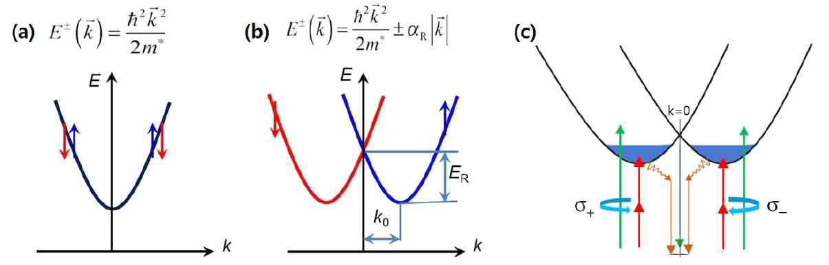 (a) 공간대칭성이 있는 경우 엑시톤 스핀 밴드. (b) 공간대칭성이 깨진 경우 엑시톤 스핀 밴드. (c) 1광자 흡수에 의한 스핀트로닉스 (green arrows) 및 2광자 흡수에 의한 스핀트로닉스 (red arrows)