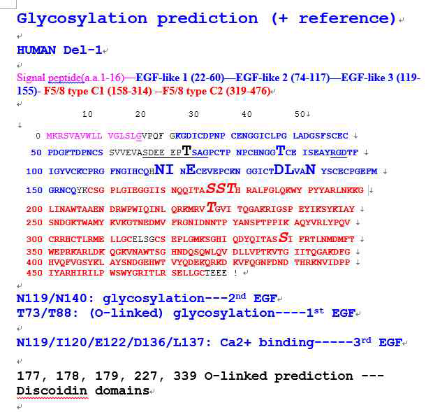 Del-1의 예측된 glycosylation sites를 보여줌