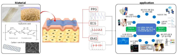 Substrate-free 공정 기반으로 인체에 직접 적용이 가능한 피부 통기성이 확보된 인체 피부 미세 구조체 일치형 고성능 생체 전극 소자의 개념도 및 3종 자율 신경계 생체 신호 분석 개요도