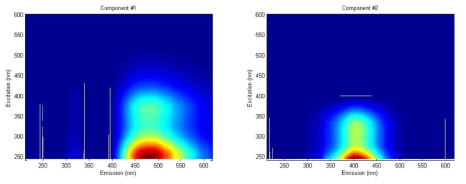 공극수 시료 중 용존 유기물의 형광 EEMs (Excitation-emission matrices spectroscopy) 그래프 (좌: C1, C peak; 우: C2, M peak)