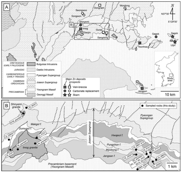 (A) Geological map of the Taebaeksan metallogenic region and location of the studied deposits with their predominant types of sphalerite-bearing ore. (B) Detailed geological map of the sampling sites showing sedimentary sequences in the TBS region. The map was modified after Lee et al. (2019)