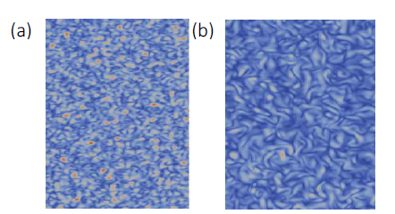 와류 구조를 가시화한 그림: (a) 매트랩 코드에 의해 생성된 난류 유동장, (b) isotropic DNS에 의해 계산된 난류 유동장