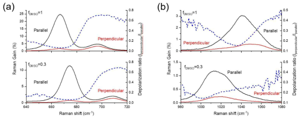 펨토초 유도라만 분광장치로 관찰한 DMSO 와 DMSO-물 혼합용매의 편광 라만 스펙트럼과 각 진동모드의 편광비