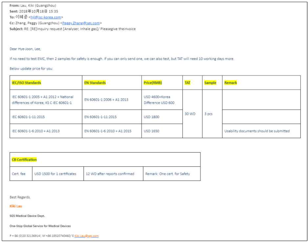 광저우 SGS에서 성능 및 안전성 시험평가 관련 질의 메일 답변