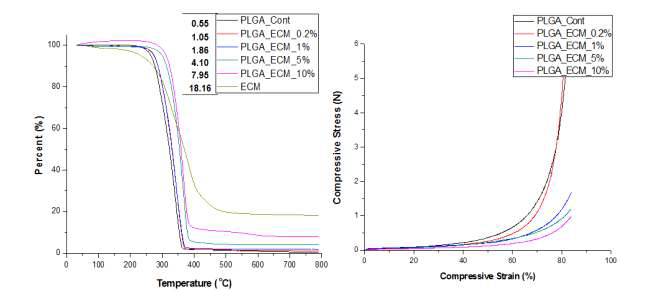 생체모방 생분해성 지지체의 TGA 분석 및 압축강도 측정