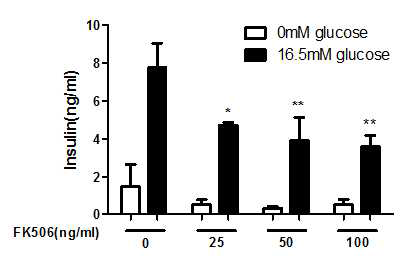 Calcineurin inhibitor인 FK506이 primary islet 으로 부터의 insulin release에 미치는 영향. 마우스에서 Primary islet 을 collagenase digestion 법으로 분리한 후 ex vivo 로 FK506 처리하고 insulin relelase를 ELISA 로 측정