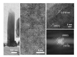 그래핀 위 성장된 GaN 나노/마이크로 막대의 TEM 사진