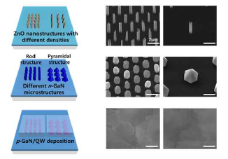 다양한 구조방향을 갖고 있는 형태의 복합차원 나노구조 (GaN/ZnO) 제조에 관한 모식도와 이에 대한 SEM 사진