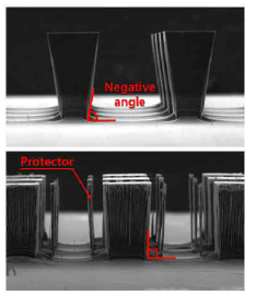Si 기판의 600 μm 높이의 구조물을 DRIE 공정을 통하여 형성하고 난 후 cross section SEM image (상단)와 같은 공정을 protector를 설계하여 진행한 구조물의 cross section SEM image (하단)