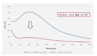 형광체가 결합된 펩타이드가 금나노입자에 결합하며 quenching을 일으키는 것을 보여주는 fluorescence spectrometer 결과 그래프