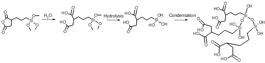 실란 가교제 [3-(trimethoxysilyl)propyl]succinic anhydride (TPSA)의 반응 scheme