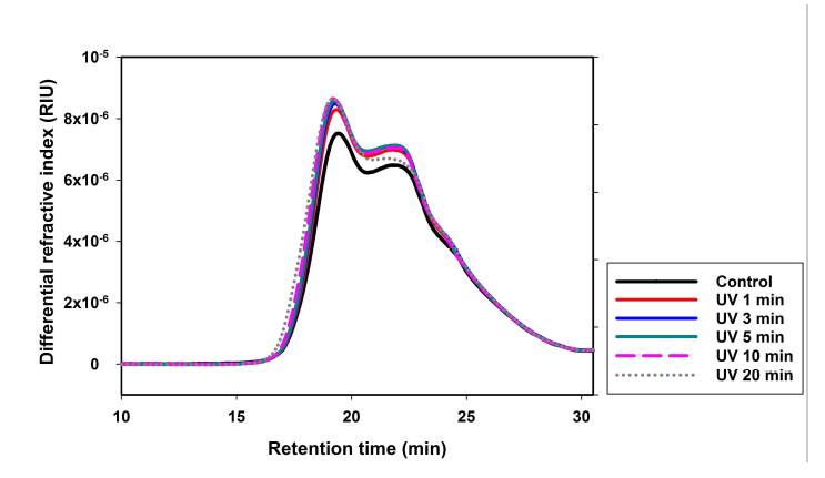 HPSEC를 통해 분석한 UV 살균처리 글리코겐유사입자의 RI 변화