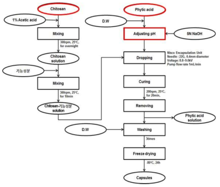 Ionic gelation을 이용한 capsule 제조 방법 흐름도 및 포집 효율 요소 분석