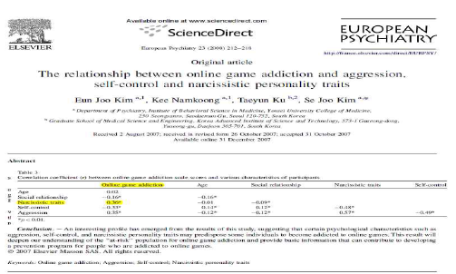 인터넷 게임 중독자의 강한 자애기적 성향 (Kim et al., 2008)