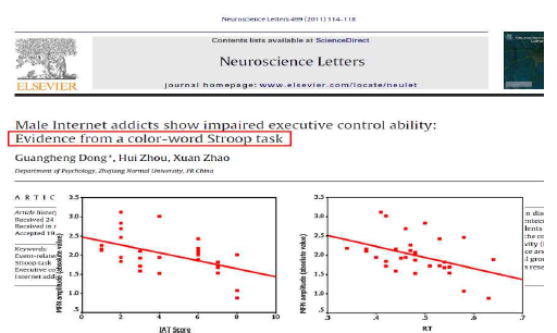 인터넷 중독 상태와 행동 결과 및 뇌 활성화 간의 유의미한 상관관계 (Dong et al., 2011)