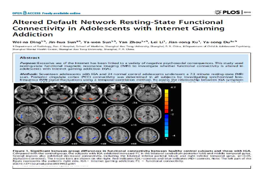 일반인과 인터넷 게임 중독 청소년의 뇌 활성화 차이(Ding et al., 2013)