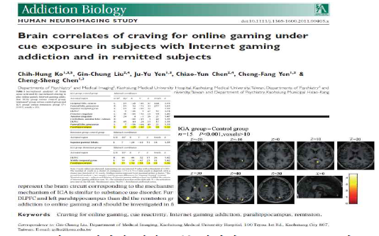 인터넷 게임 중독 환자의 parahipocampus 의 유의미한 뇌 활성(Ko et al., 2013)