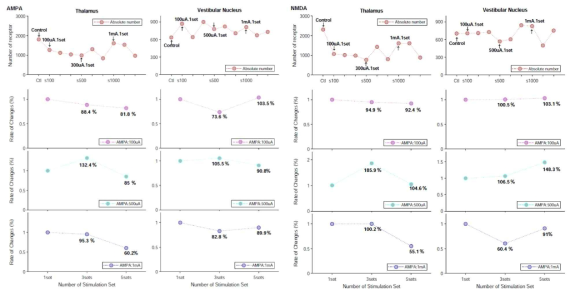 자극에 따른 신경전달물질 수용기량의 변화 및 각 자극세기에 따른 변화율