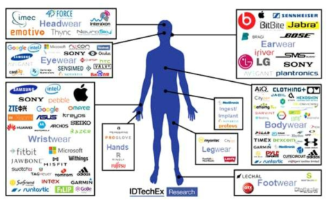 웨어러블 기술 관련 회사와 관련기술개발 분야(사진=IDTechEx리서치)