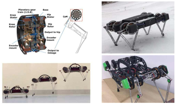 여러 4족 로봇에 채택된 4절 링크 타입의 다리형상 (왼쪽 위: MIT Cheetah robot, 오른쪽 위, 왼쪽 아래: Ghost Robotics 사의 Minitaur, 오른쪽 아래: BOBCAT)