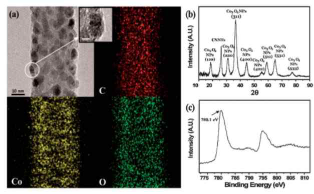 Co3O4 나노입자-CNNT의 (a) TEM, EDX mapping 이미지, (b) XRD 패턴, (c) XPS Co 2p scan