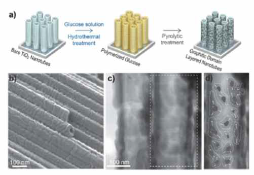 (a) TiO2 나노튜브 다발에 graphitic domain(GD)을 합성하는 과정. (b) FE-SEM 이미지, (c-d) STEM 이미지